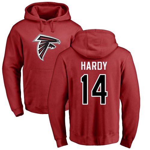 Atlanta Falcons Men Red Justin Hardy Name And Number Logo NFL Football #14 Pullover Hoodie Sweatshirts->atlanta falcons->NFL Jersey